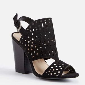 JustFab Serephine suede open toe stacked heel